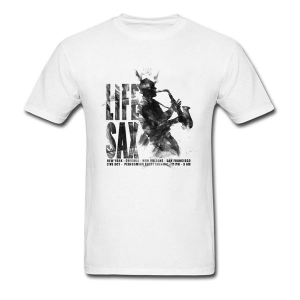 

2018 art design life sax men white t-shirt water ink painting short sleeve male cotton team & tees for music lover