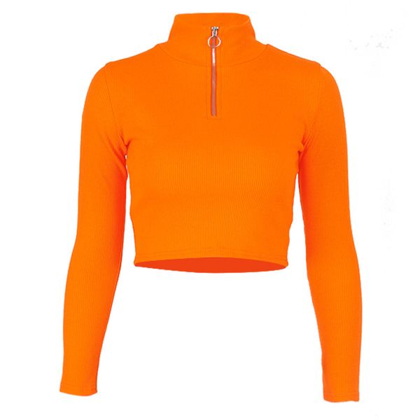 

women crop autumn fashion long sleeves zipper crop stand collar pullover ing, White