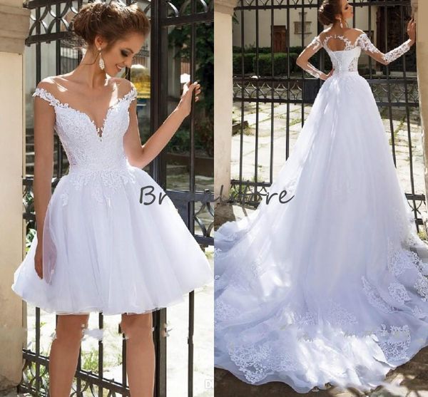 

elegant lace short wedding dresses with long detachable skirts open back long sleeve beach wedding dress 2021 appliques bridal gowns, White