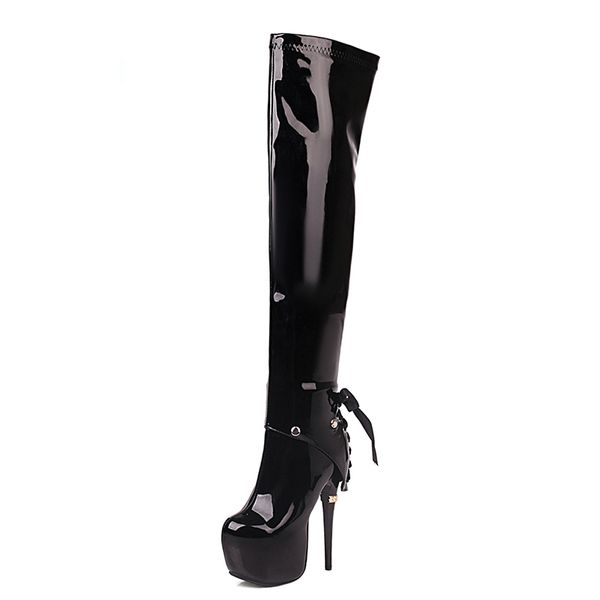 

boots lucyever women high platform patent leather long 16cm super heels over the knee woman autumn winter botas, Black