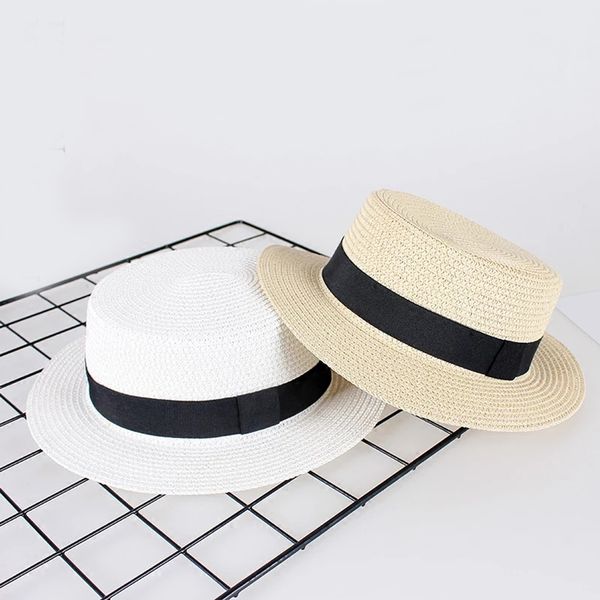 

2021 new women's straw sun breathable large brim summer boater beach ribbon round flat hat for women 5o4x, Blue;gray