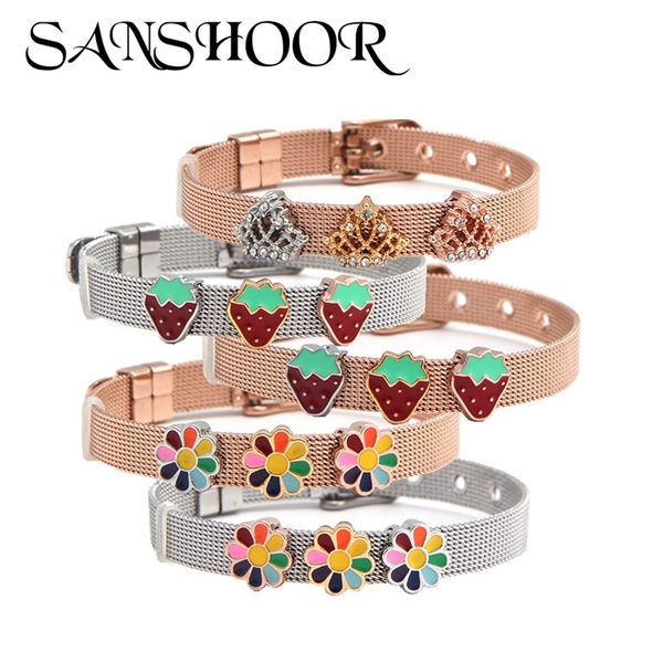 

charm bracelets sanshoor 8mm triple colors cartoon crown strawberries flowers charms as kids stainless steel bangles, Golden;silver