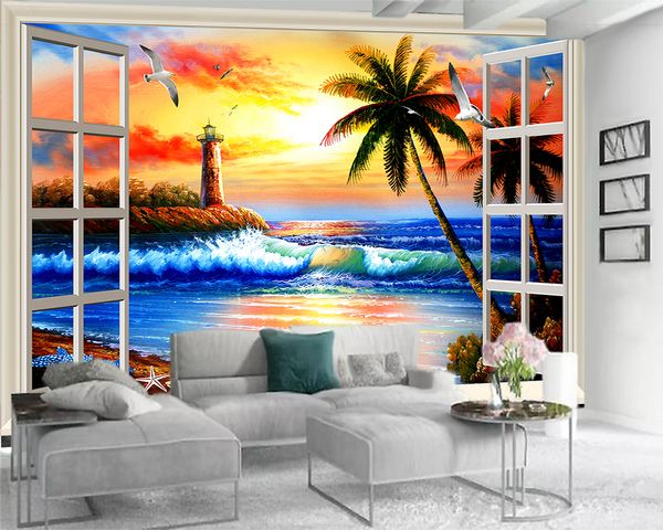 3D moderno paisagem wallpaper janela lindo pôr do sol brilhante vista mar paisagem romântico decorativo seda 3d wallpaper