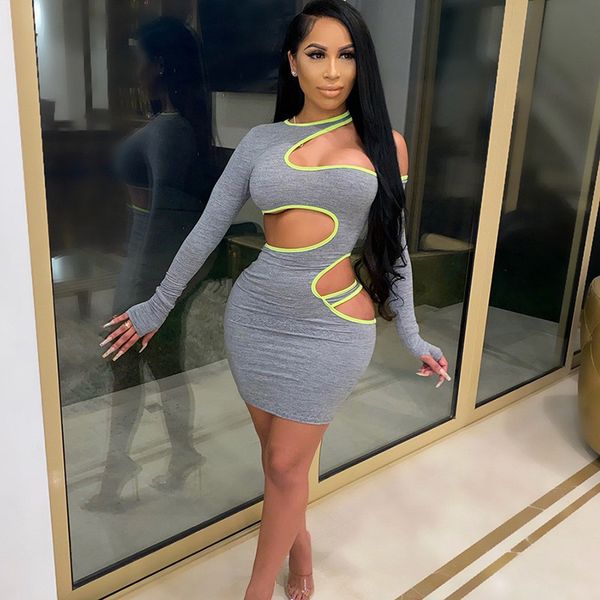 

fashion contrast womens skinny dresses casual hollow out dresses crew neck slim ladies bydcon dresses, Black;gray