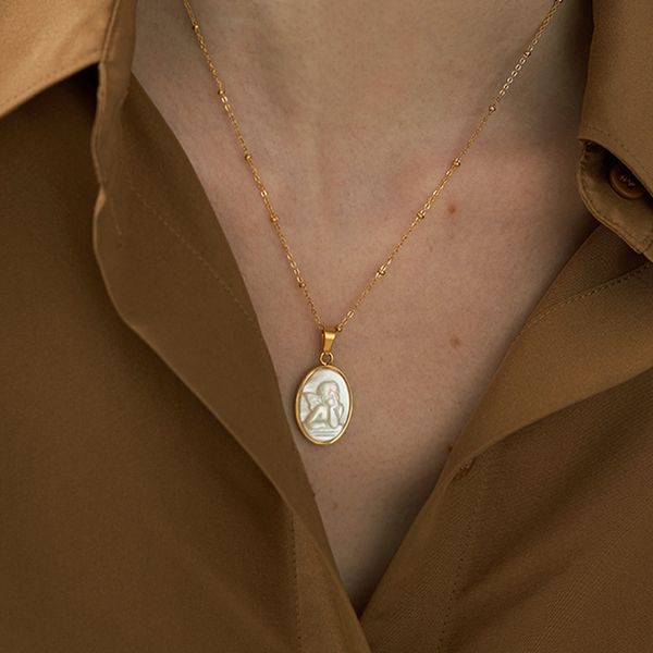 

peri'sbox natural shell cupid portrait necklaces gold beaded chain necklaces for women french ellipse, Silver