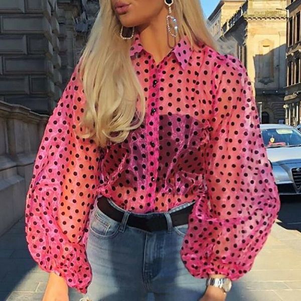

fashion mesh sheer blouse polka dot print long sleeve women puff sleeve blouses shirts, White