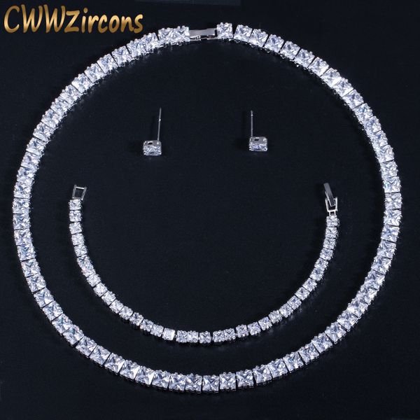 

cwwzircons sparkling princess cut cubic zirconia choker necklace earrings bracelet set for women wedding party jewelry t314, Silver