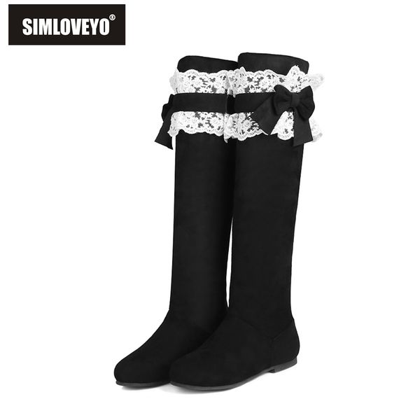 

simloveyo 2020 зима женщины растянуть по колено сапоги круглый носок плоский женщин сапоги женщина botas flock нескользкую на lace black b72