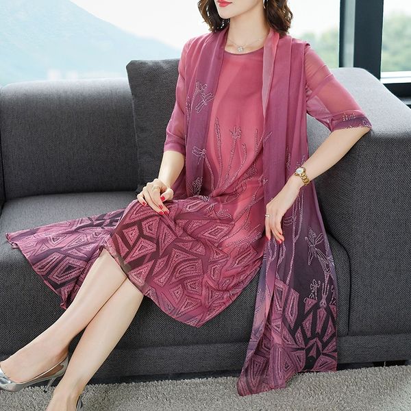 

3183 printed silk 2019 spring and summer new gentle fairy outer vest fake women's dress vest women's dress two-piece suit for wome, Black;gray