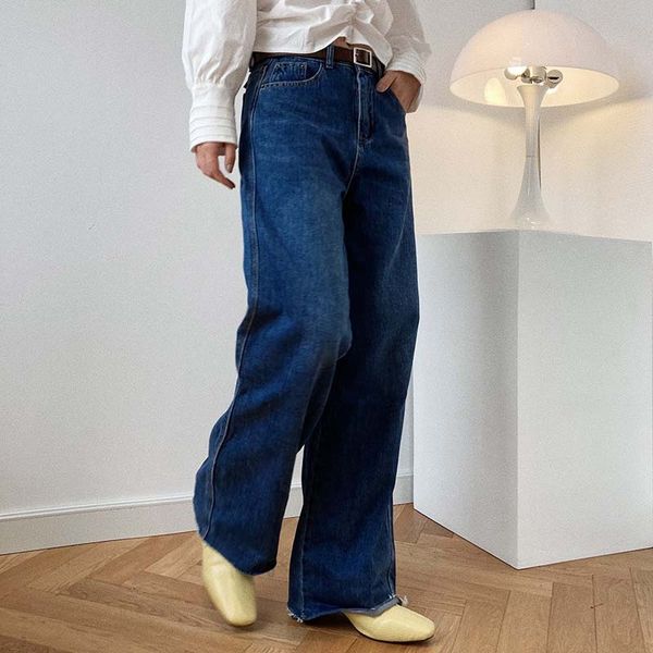 

cinessd 2020 spring fashion women loose high waist wide leg jeans pants loose mop straight jeans retro burrs stretch trousers, Blue