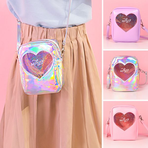 

2020 new summer colorful cute hologram laser shoulder messenger bag leather girl mini love transparent crossbody bag women