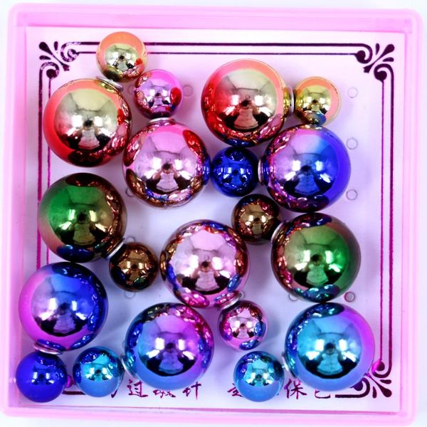 

stud factory directly wholesale uv color plated resin ball big and small design double sided earrings 5pairs, Golden;silver
