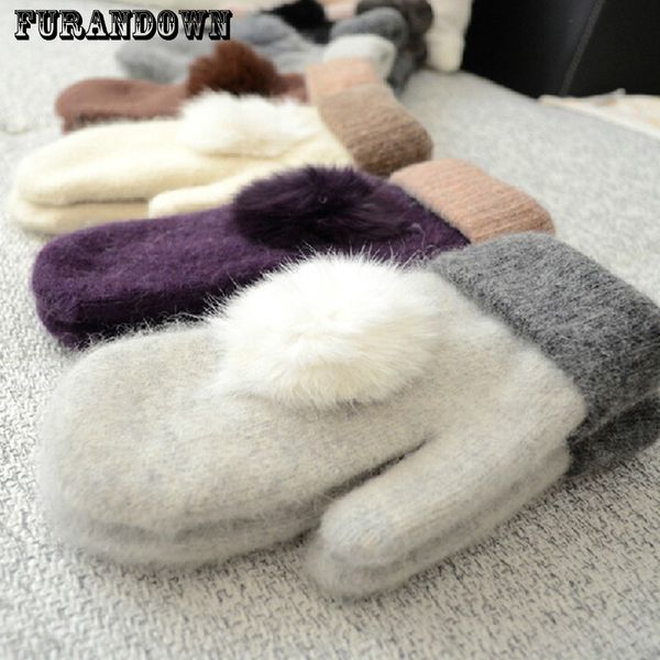 

2020 women winter warm wool gloves ladies fur pompom mittens fingerless gloves guantes mitones, Blue;gray