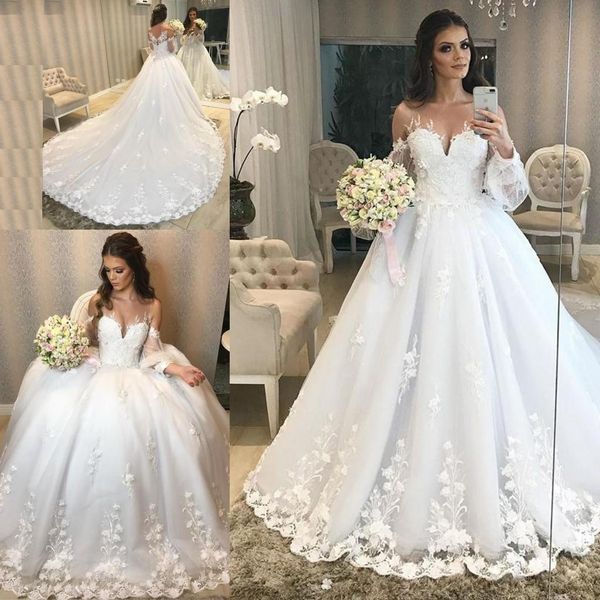 

2021 ball gown wedding dresses 3d floral applique embroidery off the shoulder long illusion sleeves sweep train wedding bridal gowns, White