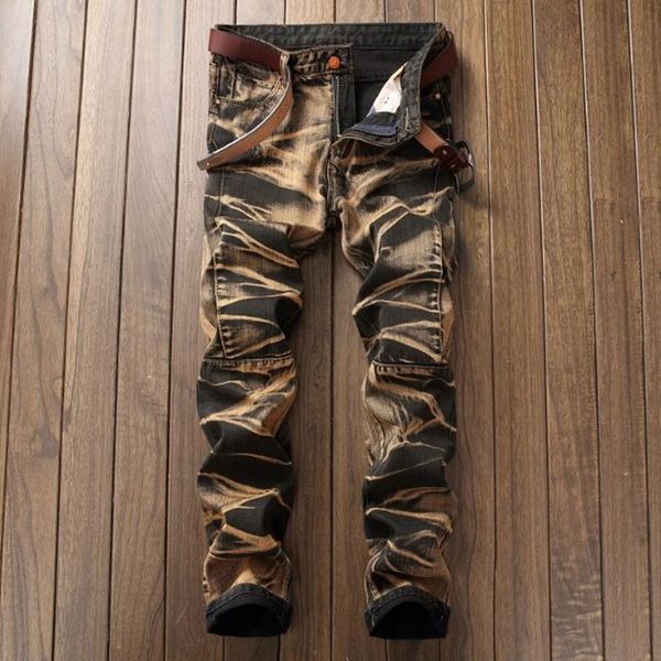 

men casual jeans coated slim straight pleated biker jeans pants male denim casual pants, Blue