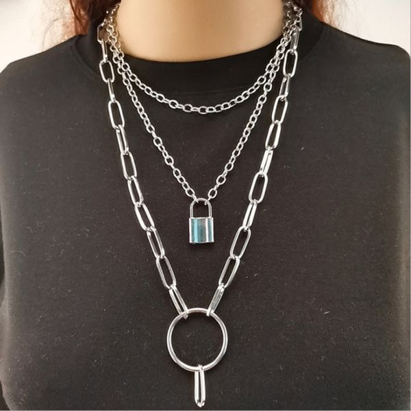 

jewelry personalized exaggerated collar punk multi-layer chain geometric lock necklace, Silver