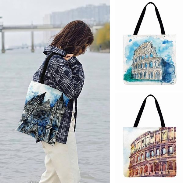

fashion beach bags travel landscape watercolor places paintings printed tote bag for women casual tote foldable shopping bag
