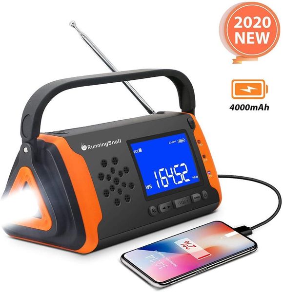 

portable radio emergency noaa weather crank solar powered 4000mah battery power bright aux speaker outdoor survival