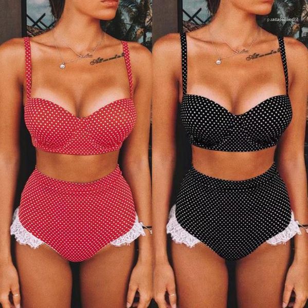 

lace two piece bikinis womens swimsuits new style women swimwear fashion polka dot printed spaghetti strap panelled, White;black