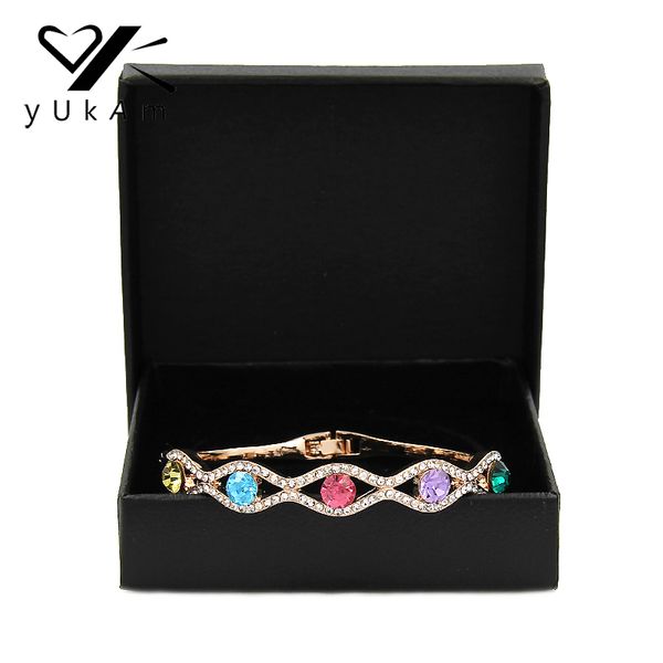 

yukam luxury multi color crystal love heart bangles bracelets rose gold engagement cubic zircon bride bangles for women jewelry, Black