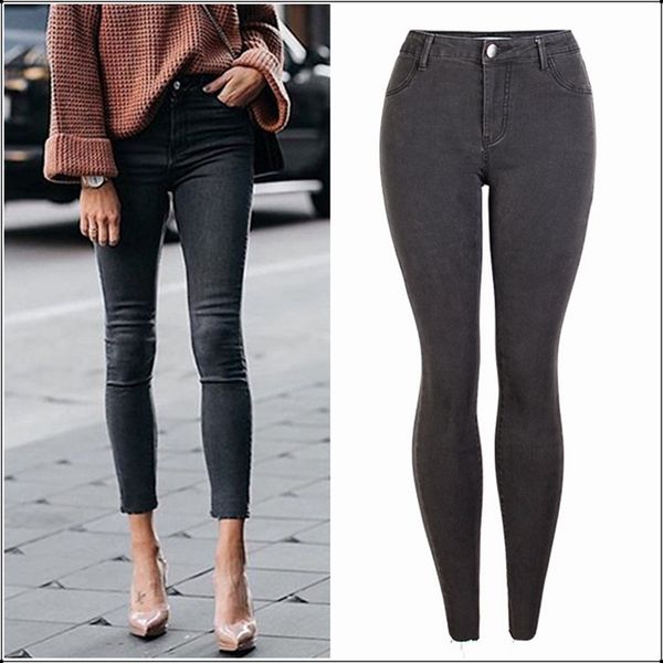 

casual skinny stretch slim dark gray jeans women plus big size high waist vintage denim pants leggings pencil small feet jeans, Blue