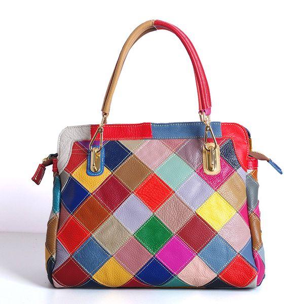 

quality genuine leather women's fashion color random spliced handbag casual female colorful messenger shoulder tote bag 466