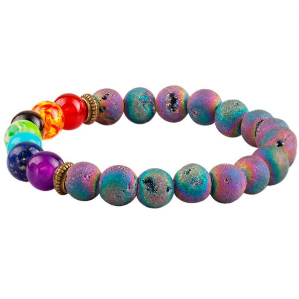 

sunyik rainbow titanium coated druzy crystal geode 7 chakra healing gem stone 8mm beaded bracelet, Black