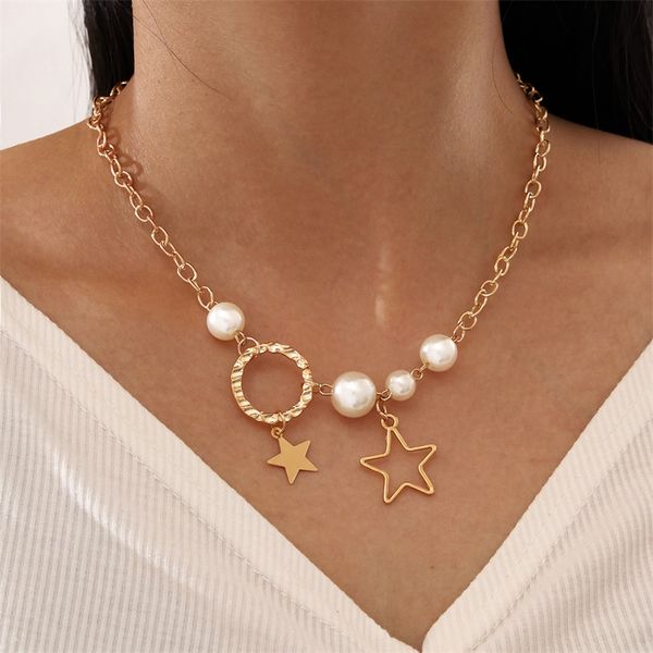 

1pcs bohemian women necklaces pearl circle crystal star pendant clavicle chain gold necklace fashion birthday party jewelry gift, Golden;silver