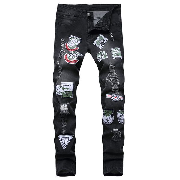 

men's jeans denim embroidered stitched ragged beggar's pants slim personality, Blue