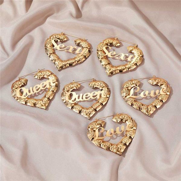 

donarsei exaggerated heart letters big bamboo smooth hoop earrings for women vintage queen love basketball wifes earrings, Golden;silver