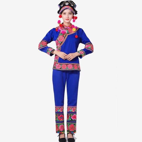

embroidered flower miao costume ethnic dance stage wear with headdress traditional hmong festival party performance clothing, Black;red