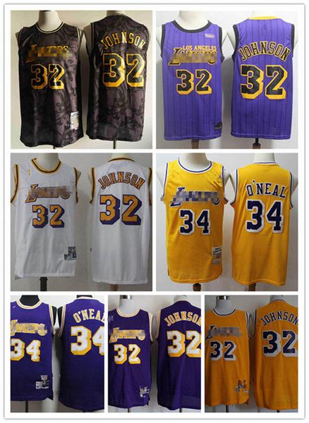 

mens swingman los angeles basketball shorts authentic stitched lakers shorts cityshaquille 34 o'neal 32 magic johnson stitched, Black