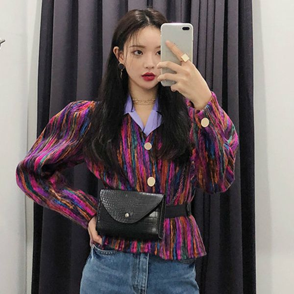 

ladies coat spring korean retro jackets rainbow color matching metal buckle jacket short vercoat for women 8a039, Black;brown