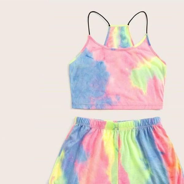 

для женщин комплект рукавов strappy короткие tie dye радуга многоцветный gradient печать двухкусочный cami пояса топ и брюки костюм одежда, Gray