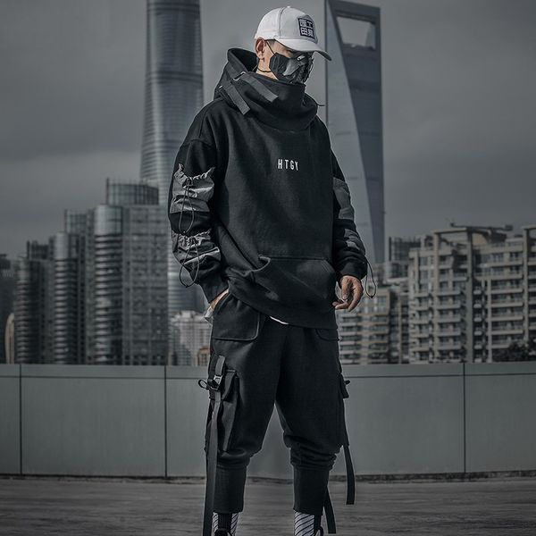 

letter japan style hoodies sweatshirts men harajuku hip hop streetwear pullover casual techwear fluff hoddies male hooded top, Black