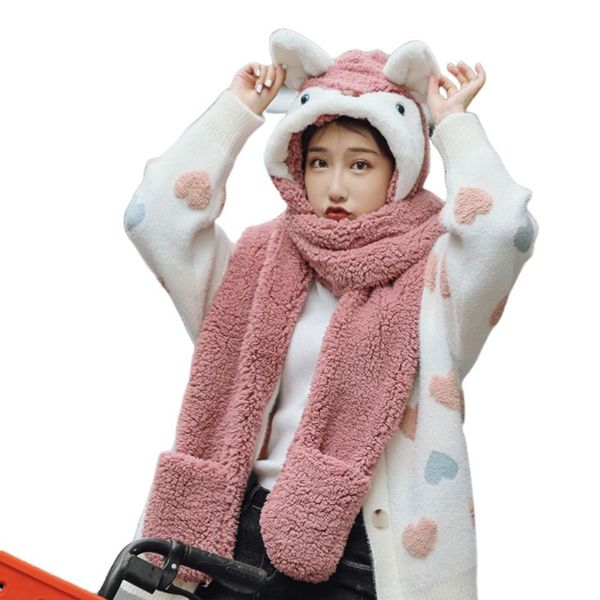

cartoon 3 in 1 hat gloves scarf animal pattern hoodie earflap cap, Blue;gray