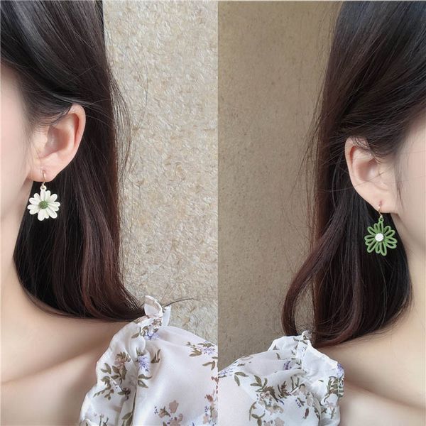 

dangle & chandelier cute small daisy flower earrings for women paint floral charm asymmetric korean summer jewelry girls, Silver