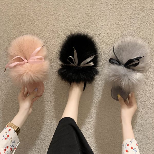 

cootelili winter women home slippers with plush fashion warm shoes woman slip on flats female silk ribbon decoration beige 36-41, Black