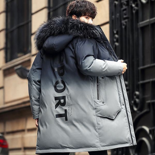 

fur collar business casual hooded down jacket men warm winter 90% white duck long down jacket men coat youth, Black