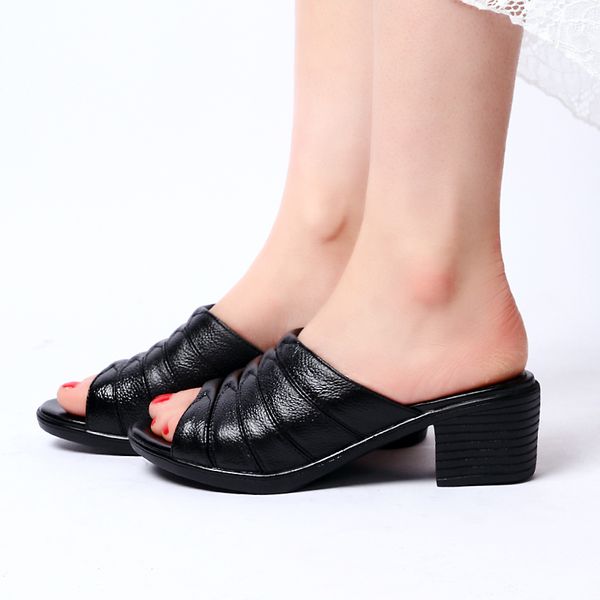 

slippers genuine leather women 2021 summer casual low heels peep toe sandals elegant slides ladies black white mother shoes