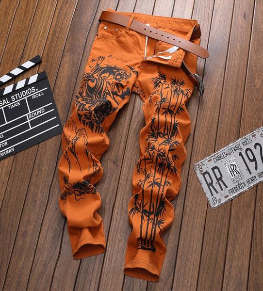 

2020 men's new personality ink print slim straight jeans all-match casual men's denim pants trend, Blue