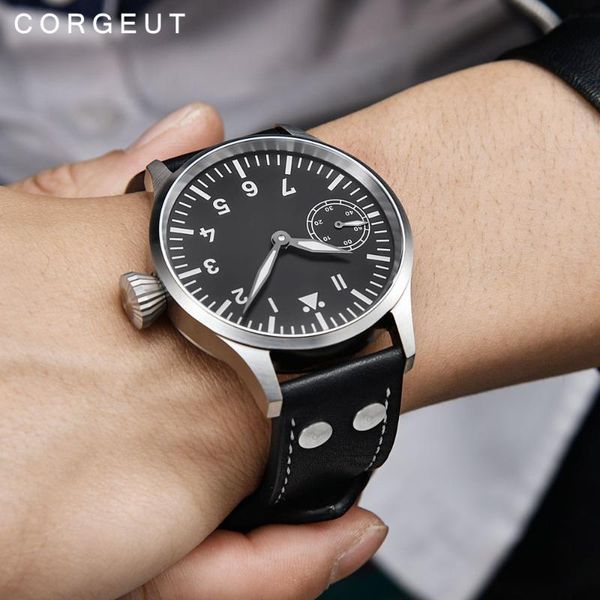 

wristwatches corgeut 17 jewels mechanical hand winding watch seagull 3600 movement 6497 fashion leather sport luminous man, Slivery;brown