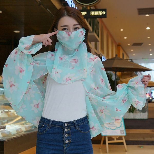 

new fashion sunscreen shawl women summer neck protection long sleeve outdoor sunshade mask thin shawl scarf two-piece set, Blue;gray