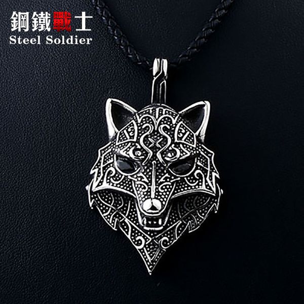 

steel soldier viking necklace thor howling wolf with black stone charm pendant necklace man punk jewelry stainless steel chain, Silver