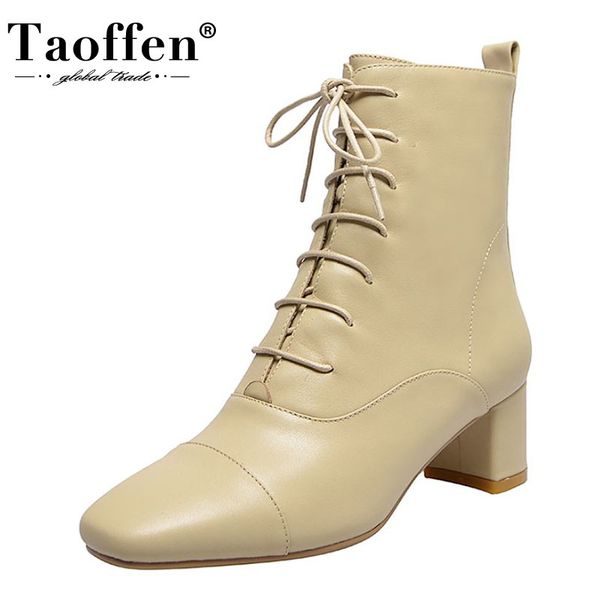 

taoffen genuine leather women ankle boots cross strap square toe shoes thick heel winter warm boots party footwear size 33-41, Black