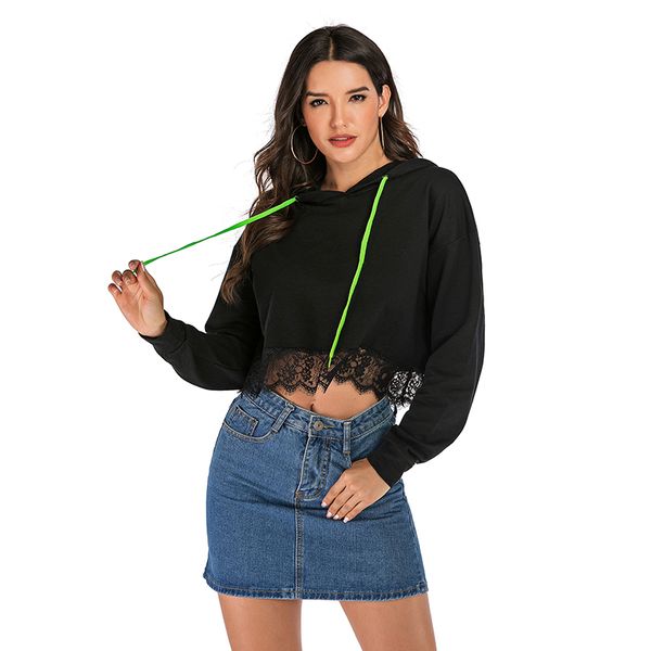 

fall 2020 women lace cropped hooded women long sleeve streetwear hoodies, Black