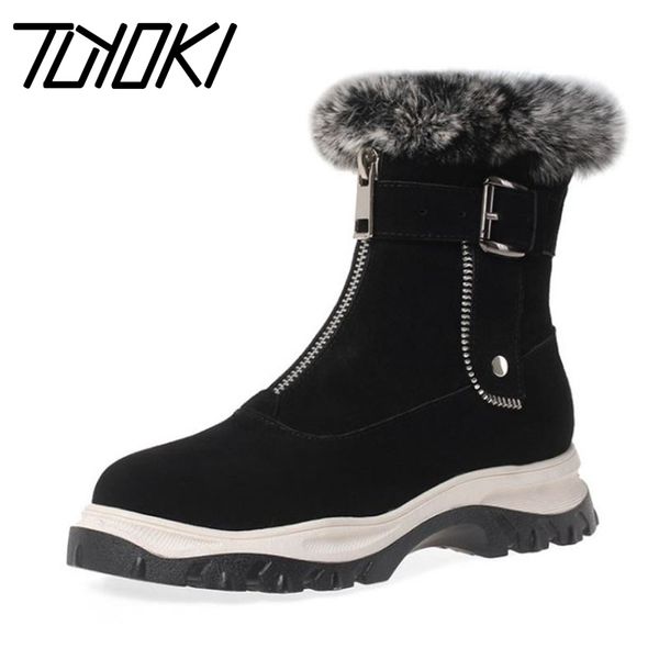 

tuyoki keep warm snow boots for woman genuine leather ankle boots winter plush fur zipper buckle women footwear size 34-41, Black