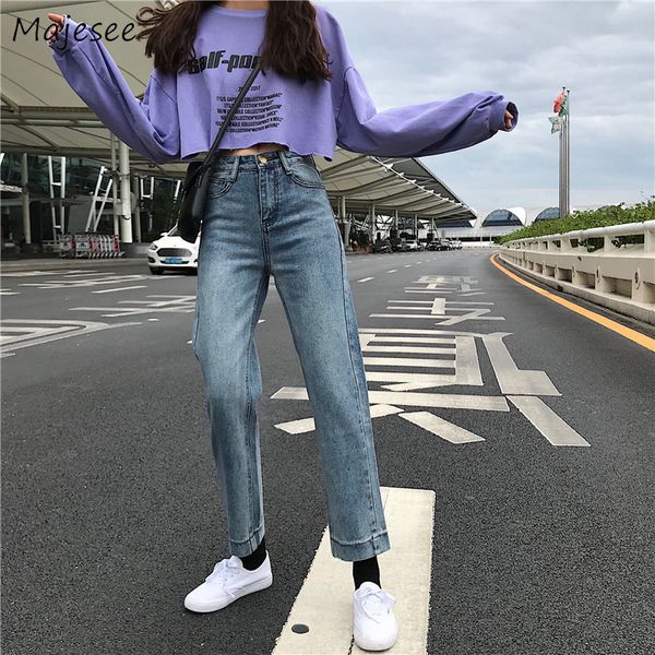 

jeans women vintage all-match denim ankle-length simple bf harajuku student straight womens korean style trousers fashion casual, Blue