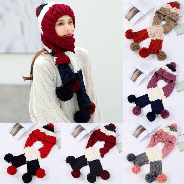 

women hat scarf one-piece cap knitted hat wool cap thick warm earmuffs printed ear protect scarf set winter outwear, Blue;gray