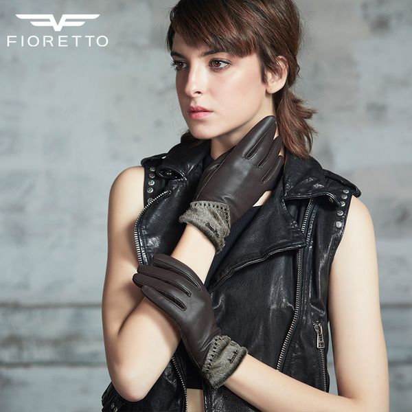 

five fingers gloves fioretto women fashion sheepskin leather plus calf fur office ladies vivets touch screen, Blue;gray